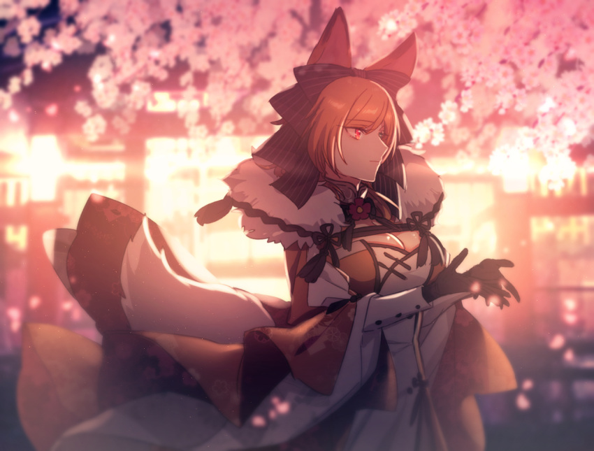 1girl animal_ears black_bow black_gloves bow bracer breasts brown_hair character_check cleavage dog_ears fur_trim gloves green_eyes hair_bow heterochromia large_breasts lycanroc moe_(hamhamham) night outdoors personification petals pokemon red_eyes solo standing tail