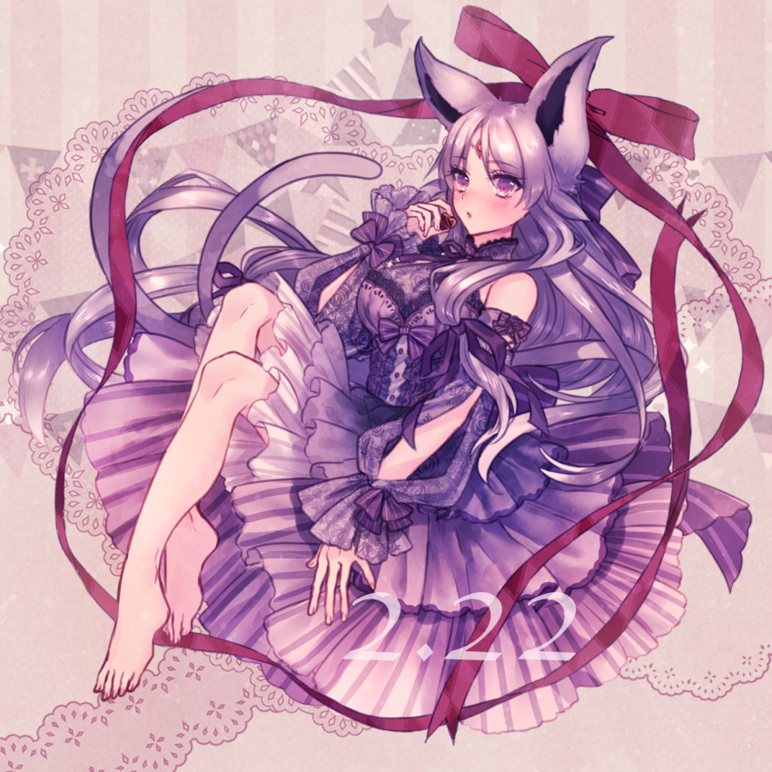 1girl animal_ears bangs bare_shoulders barefoot blush bow candy chocolate chocolate_heart dog_ears doily dress espeon food frills full_body heart highres jewelry long_hair looking_at_viewer moe_(hamhamham) parted_bangs parted_lips personification pokemon purple_background purple_bow purple_dress purple_hair red_ribbon ribbon sitting striped striped_background tail very_long_hair violet_eyes