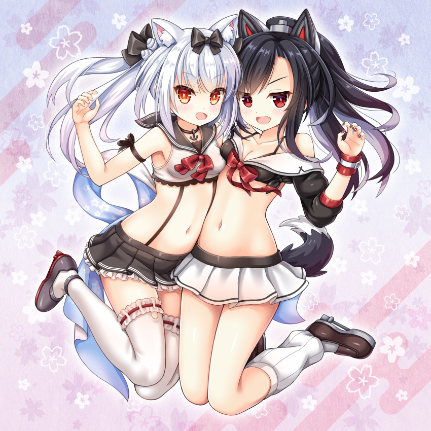 2girls :d absurdres anchor_choker animal_ears arm_ribbon azur_lane bangs bare_shoulders black_bow black_choker black_hair black_sailor_collar black_shirt black_skirt bluebird_(bluebird90) blush bow bowtie breasts bright_pupils brown_footwear brown_hair cat_ears choker cleavage crop_top eyebrows_visible_through_hair fang frilled_skirt frills full_body grey_footwear hair_bow highres leg_warmers long_hair looking_at_viewer miniskirt multiple_girls navel open_mouth orange_eyes pleated_skirt red_bow red_eyes red_neckwear ribbon ribbon-trimmed_legwear ribbon_trim sailor_collar school_uniform serafuku shigure_(azur_lane) shirt shoes skirt sleeveless sleeveless_shirt sleeves_past_elbows small_breasts smile stomach suspender_skirt suspenders tail thigh-highs thighs white_hair white_legwear white_pupils white_sailor_collar white_shirt white_skirt wolf_ears wolf_tail yukikaze_(azur_lane)