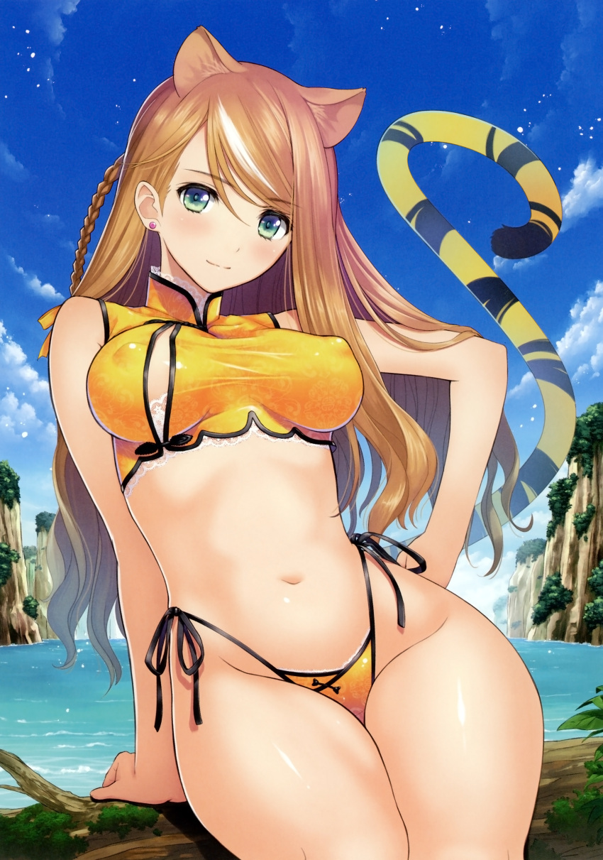 1girl absurdres animal_ears bangs bikini breasts brown_hair closed_mouth green_eyes highres huge_filesize large_breasts long_hair looking_at_viewer navel scan smile solo swimsuit tail tanaka_takayuki tiger_ears tiger_tail toranoana white_hair