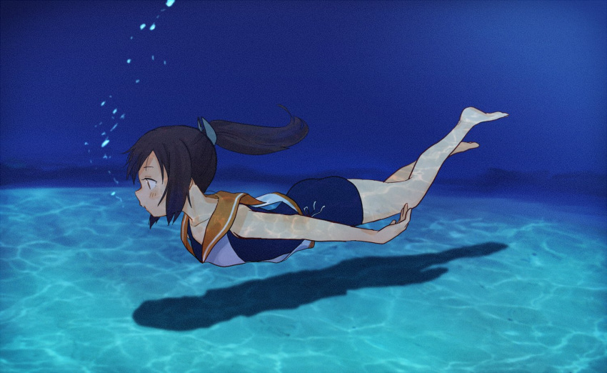 1girl annin_musou barefoot brown_eyes brown_hair commentary_request freediving hair_ornament hairclip i-401_(kantai_collection) kantai_collection one-piece_swimsuit orange_sailor_collar ponytail sailor_collar sailor_shirt school_swimsuit shirt short_hair short_ponytail solo swimming swimsuit swimsuit_under_clothes underwater