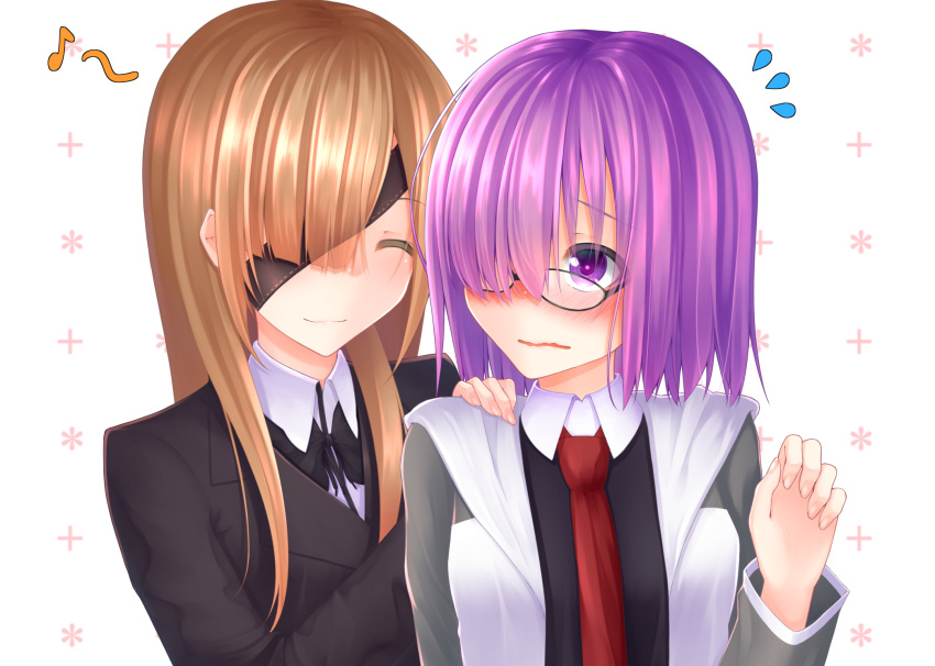 2girls black-framed_eyewear blush brown_hair collared_shirt commentary_request eighth_note eyepatch facing_another fate/grand_order fate_(series) flying_sweatdrops glasses hair_over_one_eye hand_on_another's_shoulder highres long_hair long_sleeves looking_at_another mash_kyrielight medium_hair mitsuki_(mitsuki13yoi) multiple_girls musical_note necktie no_nose open_mouth ophelia_phamrsolone purple_hair red_neckwear shirt smile upper_body violet_eyes wavy_mouth yuri