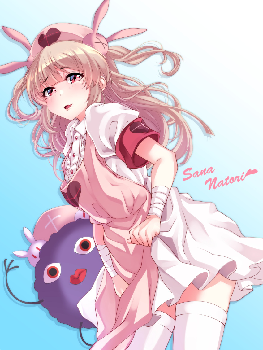 1girl :d apron blue_background bunny_hair_ornament center_frills character_name commentary_request cursive dress fang gradient gradient_background hair_ornament hat heart highres light_brown_hair natori_sana nurse_cap open_mouth pink_apron puffy_short_sleeves puffy_sleeves red_eyes saana-kun sana_channel short_sleeves smile tdnd-96 thigh-highs two_side_up virtual_youtuber white_dress white_legwear