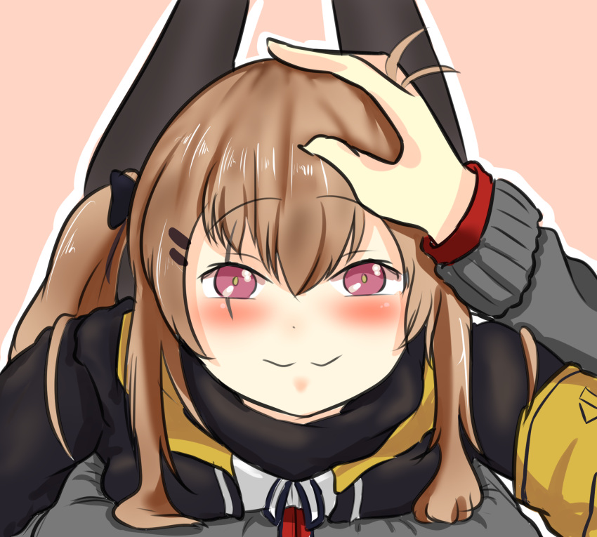 1boy 1girl :3 abineko97 armband black_jacket black_ribbon blush breasts breasts_on_chest brown_hair collared_jacket commander eyebrows_visible_through_hair feet_up girls_frontline hair_ornament hair_ribbon happy highres jacket looking_at_another lying lying_on_person petting red_eyes ribbon scar scar_across_eye shirt smile ump9_(girls_frontline) white_shirt