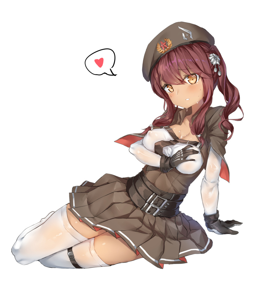 1girl absurdres arm_support bangs belt belt_buckle beret black_neckwear blush breasts buckle cleavage collarbone dark_skin erect_nipples eyebrows_visible_through_hair flower framed_breasts girls_frontline gloves hair_between_eyes hair_flower hair_ornament hand_on_own_breast hansal hat head_tilt heart highres large_breasts long_hair long_sleeves looking_at_viewer multiple_belts necktie no_shoes parted_lips pleated_skirt purple_hair saiga-12_(girls_frontline) shirt sidelocks simple_background sitting skirt solo spoken_heart strap thigh-highs thigh_strap twintails wet wet_clothes wet_shirt white_background white_legwear white_shirt yellow_eyes yokozuwari