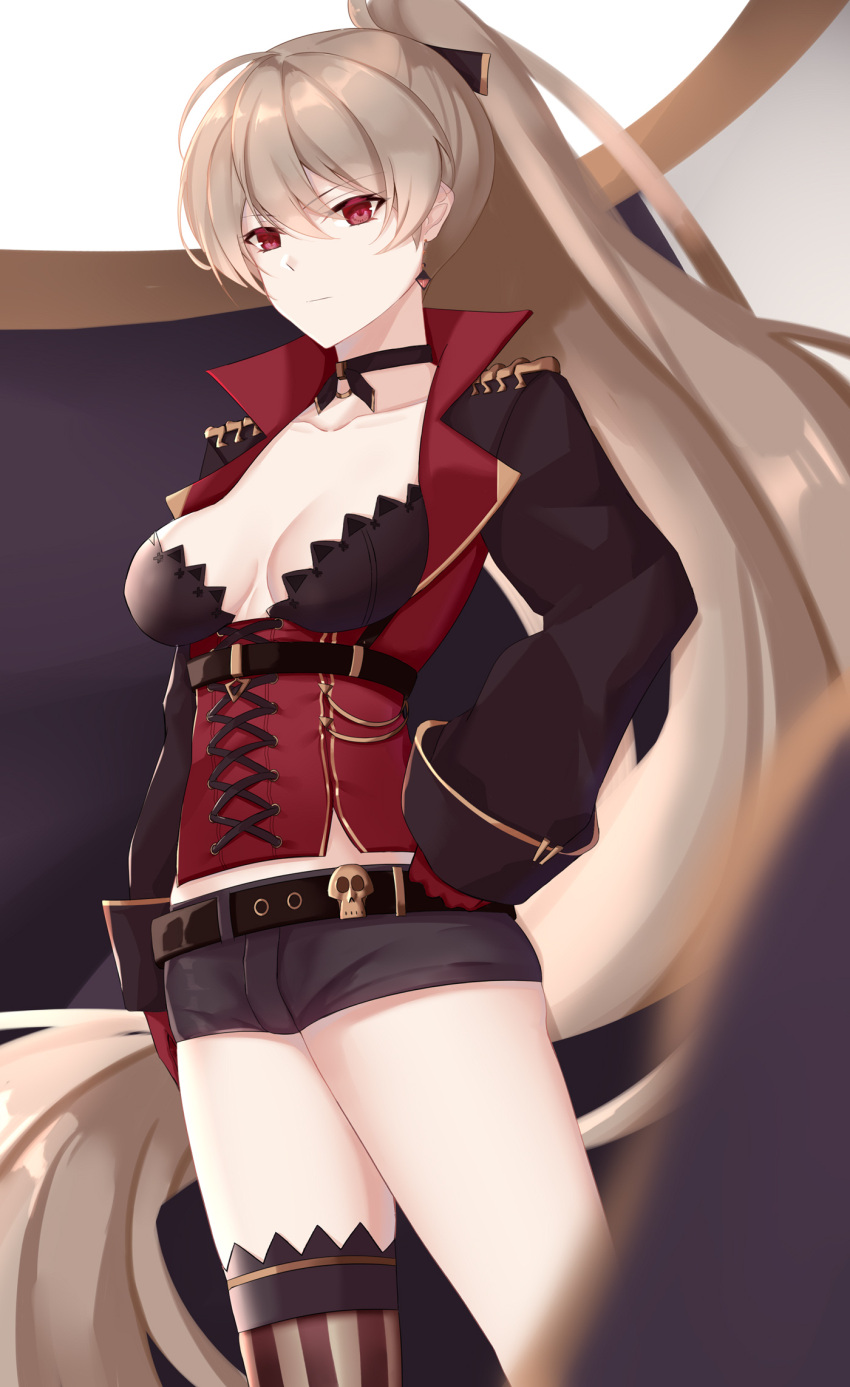 1girl absurdly_long_hair anchor_symbol asymmetrical_legwear azur_lane bangs black_belt black_jacket black_shorts blurry_foreground boots breasts brown_hair choker cleavage closed_mouth collarbone cross-laced_footwear earrings epaulettes eternity_(pixiv8012826) expressionless eyebrows_visible_through_hair gloves hair_between_eyes half_gloves hand_on_hip highres indoors jacket jean_bart_(azur_lane) jewelry long_hair long_sleeves looking_at_viewer medium_breasts ponytail puffy_long_sleeves puffy_sleeves red_eyes red_gloves short_shorts shorts single_thighhigh skull solo striped striped_legwear thigh-highs thighs vertical-striped_legwear vertical_stripes very_long_hair
