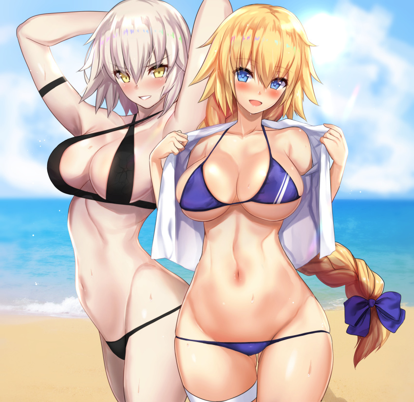 2girls armpits beach bikini black_bikini blonde_hair blue_bikini blue_eyes blush braid breasts cleavage clouds cloudy_sky commentary_request cowboy_shot criss-cross_halter eyebrows_visible_through_hair fate/apocrypha fate/grand_order fate_(series) halterneck highres jeanne_d'arc jeanne_d'arc_(alter)_(fate) jeanne_d'arc_(fate) jeanne_d'arc_(fate)_(all) large_breasts long_braid long_hair multiple_girls ocean open_mouth outdoors seaside silver_hair single_braid sky swimsuit thigh_strap towel underbust untsue yellow_eyes