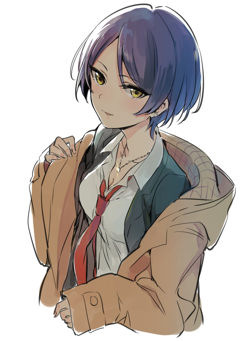 1girl bangs black_jacket blue_hair breasts cleavage coat collared_shirt commentary_request earrings eyebrows_visible_through_hair fingernails hayami_kanade highres idolmaster idolmaster_cinderella_girls jacket jewelry looking_at_viewer medium_breasts monsieur necklace necktie off_shoulder red_neckwear shirt short_hair simple_background sleeves_past_wrists smile solo undressing upper_body white_background white_shirt wing_collar yellow_eyes