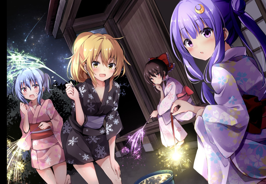 4girls alternate_hairstyle bangs black_kimono blonde_hair blue_hair blush bow breasts brown_hair bucket cleavage commentary_request crescent crescent_hair_ornament dutch_angle eyebrows_visible_through_hair feet_out_of_frame floral_print from_behind hair_between_eyes hair_bow hair_ornament hair_tubes hakurei_reimu hand_up highres holding hyurasan japanese_clothes kimono kirisame_marisa leaning_forward long_sleeves looking_at_viewer looking_back medium_breasts multiple_girls night night_sky no_hat no_headwear obi open_mouth outdoors parted_lips patchouli_knowledge pink_kimono pink_sash ponytail purple_hair purple_kimono purple_sash red_bow red_eyes red_sash remilia_scarlet sandals sash shooting_star short_kimono sidelocks sitting sky smile snowflake_print standing standing_on_one_leg star_(sky) starry_sky thighs touhou violet_eyes wide_sleeves yellow_eyes