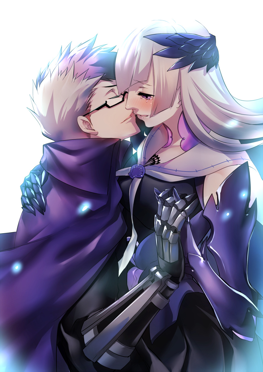 1boy 1girl armor armored_dress bangs black_skirt blunt_bangs brynhildr_(fate) cape closed_eyes couple fate/grand_order fate_(series) glasses gloves hetero highres imminent_kiss long_hair multicolored_hair popped_collar purple_cape purple_hair rahato sigurd_(fate/grand_order) simple_background skirt tears two-tone_hair upper_body violet_eyes white_background white_hair