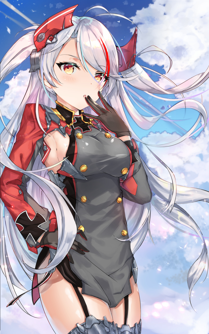 1girl absurdres antenna_hair azur_lane black_dress black_gloves blue_sky blush breasts cowboy_shot day dress eyebrows_visible_through_hair finger_to_mouth garter_straps gloves grey_hair hair_ornament hand_on_hip headgear highres iron_cross lisu long_hair long_sleeves looking_at_viewer medium_breasts military military_uniform mole mole_on_breast multicolored_hair open_mouth outdoors prinz_eugen_(azur_lane) red_eyes redhead short_dress sideboob sky solo streaked_hair two-tone_hair two_side_up uniform very_long_hair