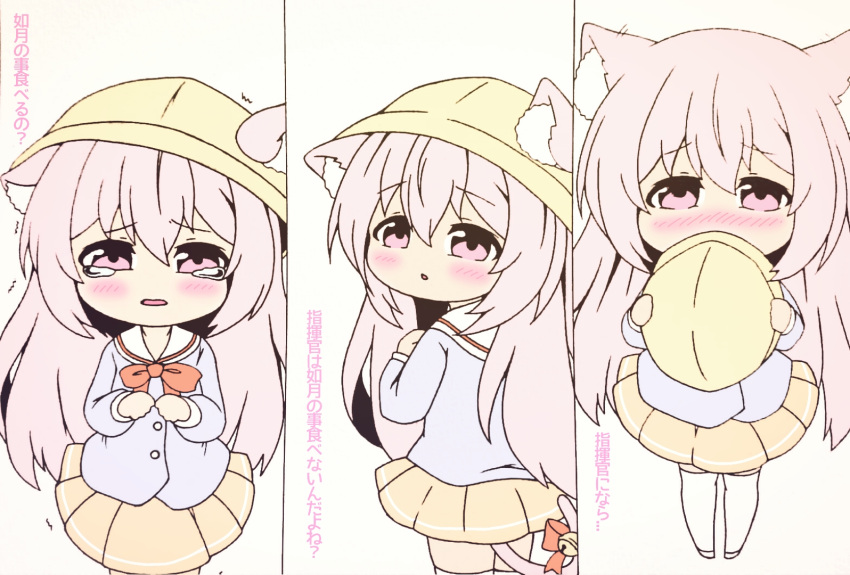 1girl animal_ears azur_lane bangs bell blue_shirt blush bow cat_ears cat_girl cat_tail chibi commentary_request covered_mouth ears_through_headwear eyebrows_visible_through_hair hair_between_eyes hat hat_removed headwear_removed holding holding_hat jingle_bell kindergarten_uniform kisaragi_(azur_lane) kurukurumagical long_hair long_sleeves looking_at_viewer multiple_views nose_blush parted_lips pink_eyes pink_hair pleated_skirt red_bow sailor_collar school_hat shirt skirt standing tail tail_bell tail_bow tears thigh-highs translated very_long_hair white_footwear white_legwear white_sailor_collar yellow_hat yellow_skirt