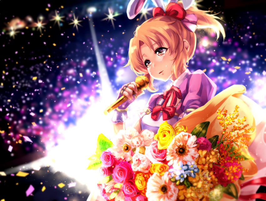 1girl abe_nana animal_ears blush bouquet bow brown_eyes brown_hair commentary_request confetti flower gloves hair_bow happy_birthday highres holding holding_microphone idol idolmaster idolmaster_cinderella_girls microphone pink_gloves ponytail rabbit_ears red_bow solo tdnd-96 tears