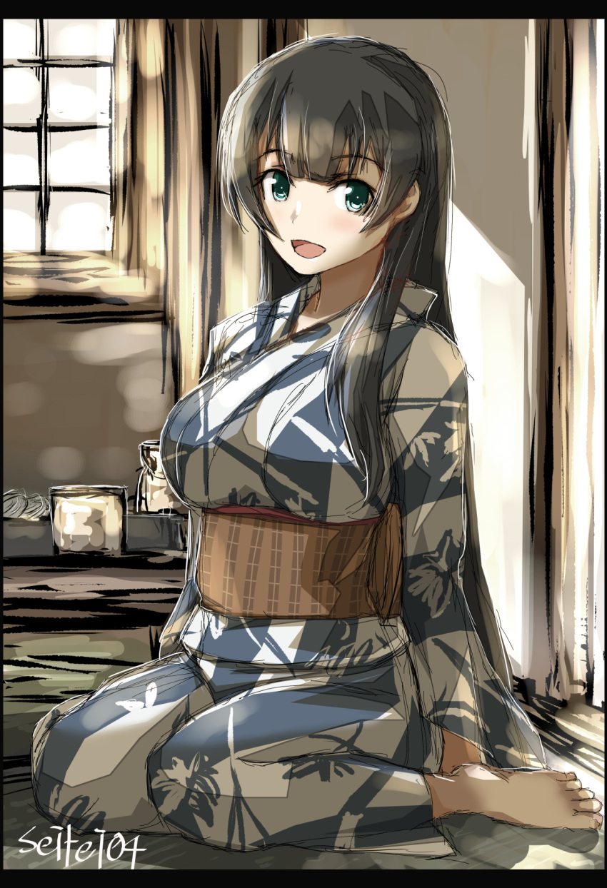 1girl agano_(kantai_collection) alternate_costume barefoot black_hair blush breasts commentary_request eyebrows_visible_through_hair full_body green_eyes highres japanese_clothes kantai_collection kimono large_breasts long_hair looking_at_viewer open_mouth seitei_(04seitei) sitting solo twitter_username wariza window