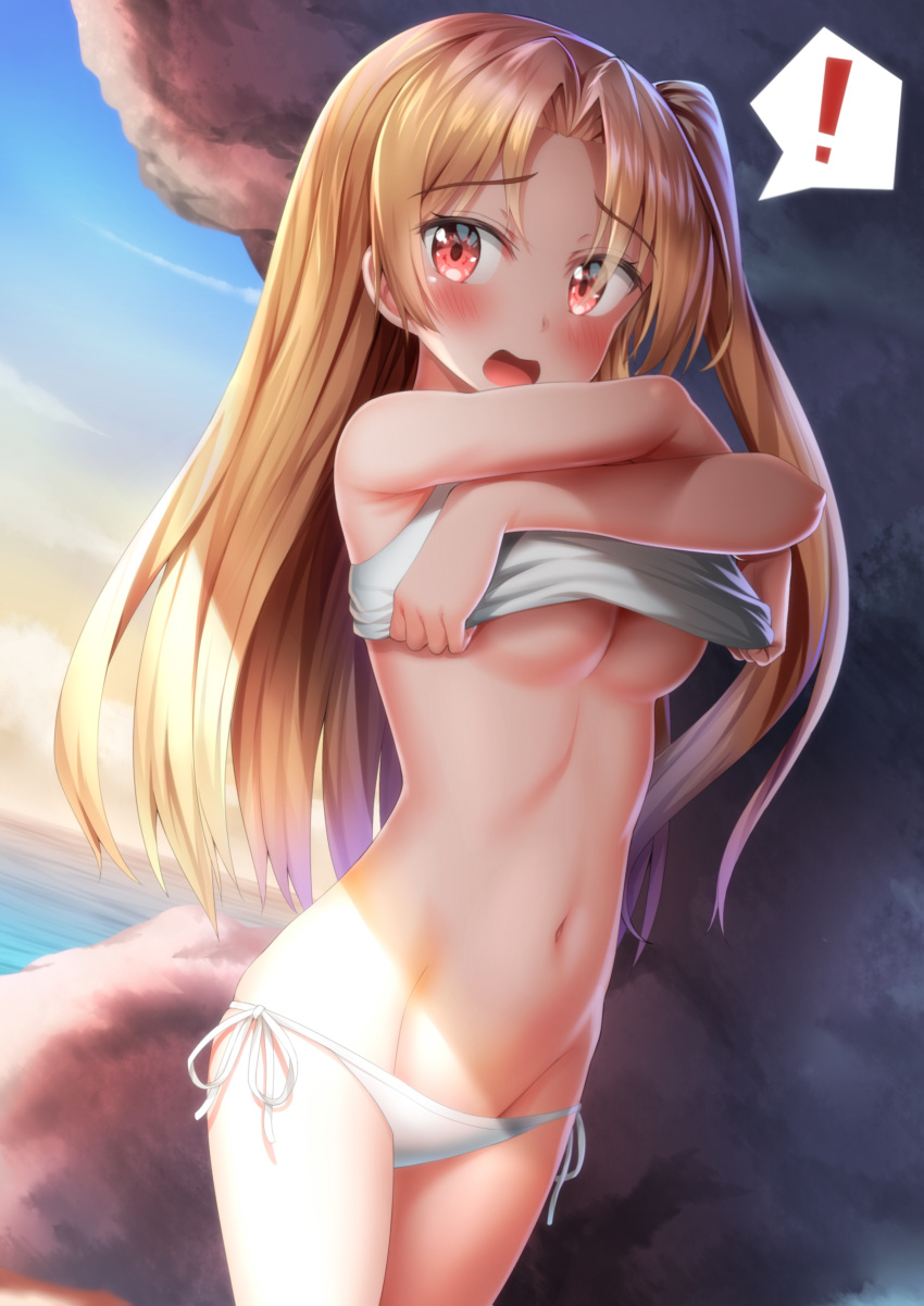 ! 1girl absurdres azur_lane bangs bikini blonde_hair blue_sky blush breasts cleveland_(azur_lane) clouds cowboy_shot day embarrassed eyebrows_visible_through_hair eyes_visible_through_hair groin hair_between_eyes hair_ornament highres long_hair looking_at_viewer navel nedia_(nedia_region) ocean one_side_up open_mouth outdoors parted_bangs red_eyes shade side-tie_bikini sky solo spoken_exclamation_mark stomach swimsuit tank_top thighs undressing very_long_hair white_tank_top