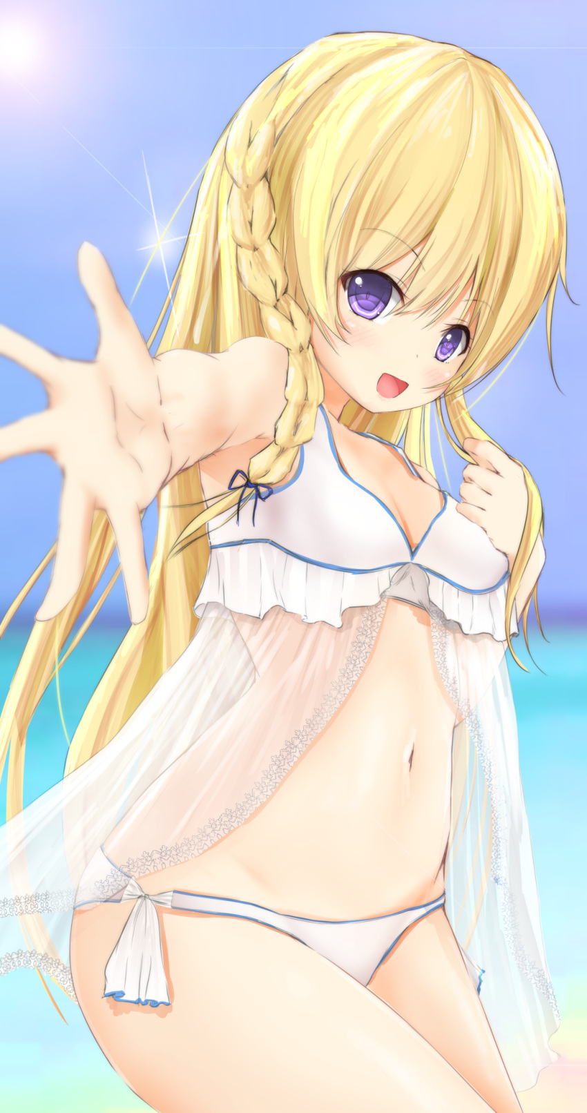 1girl :d bangs bare_arms bare_shoulders bikini blonde_hair blue_sky blurry blurry_background blurry_foreground blush braid breasts commentary_request day depth_of_field eyebrows_visible_through_hair hair_between_eyes highres long_hair looking_at_viewer maru_shion navel ocean open_mouth original outdoors outstretched_arm see-through sky small_breasts smile solo sunlight swimsuit very_long_hair violet_eyes white_bikini