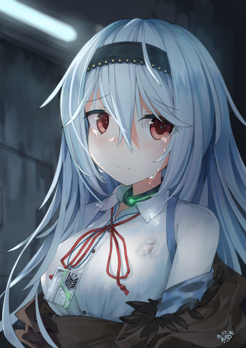 1girl bangs black_hairband black_jacket breasts collared_shirt crying crying_with_eyes_open dated feather_trim girls_frontline hair_between_eyes hairband highres jacket large_breasts logo long_hair long_sleeves looking_at_viewer name_tag neck_ribbon off_shoulder purerin red_eyes red_ribbon ribbon shirt sidelocks signature solo taut_clothes taut_shirt tears thunder_(girls_frontline)