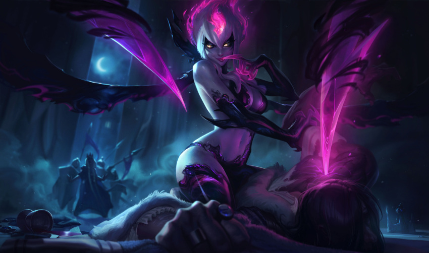 1girl absurdres armor bikini_armor breasts cleavage commentary crescent_moon death elbow_gloves english_commentary evelynn fiery_hair finger_to_mouth fingernails gloves glowing glowing_eyes grey_skin hair_between_eyes highres jessica_oyhenart knight large_breasts league_of_legends moon naughty_face navel night official_art purple_hair sharp_fingernails sitting sitting_on_person slit_pupils solo_focus spiky_hair white_hair wings yellow_eyes