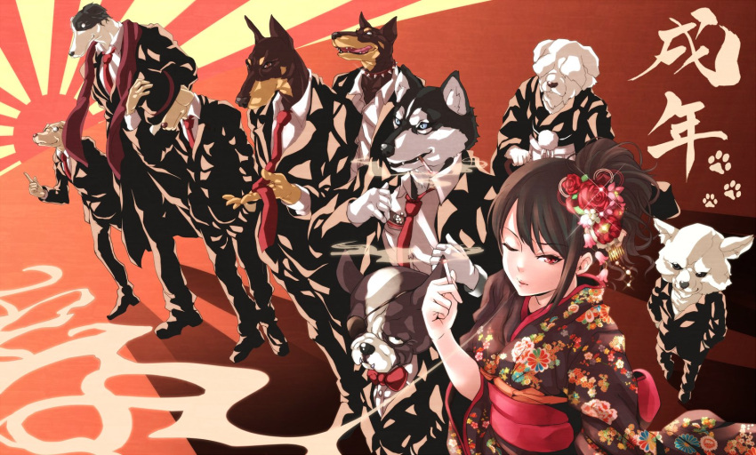 1girl 2018 6+boys chinese_zodiac cigarette collar commentary_request dog eyepatch fedora formal furry hair_ornament hakama hand_on_headwear hat highres japanese_clothes kanzashi kimono lineup mafia multiple_boys necktie new_year obi original pants ponytail red_background red_eyes red_neckwear sash smoking spiked_collar spikes standing suit sunburst tdnd-96 year_of_the_dog