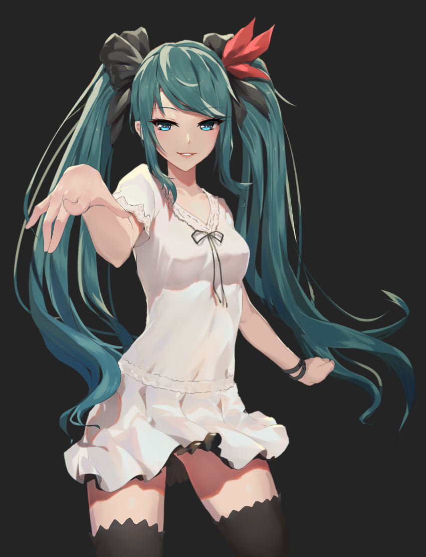 1girl absurdres bangs black_background black_bow black_legwear black_ribbon blue_eyes bow bracelet collarbone cowboy_shot eyebrows_visible_through_hair floating_hair green_hair hair_bow hair_ribbon hatsune_miku hentai_kuwa highres jewelry long_hair looking_at_viewer miniskirt neck_ribbon parted_bangs parted_lips pleated_skirt red_ribbon ribbon shirt short_sleeves simple_background skirt smile solo standing thigh-highs twintails very_long_hair vocaloid white_shirt white_skirt world_is_mine_(vocaloid) zettai_ryouiki