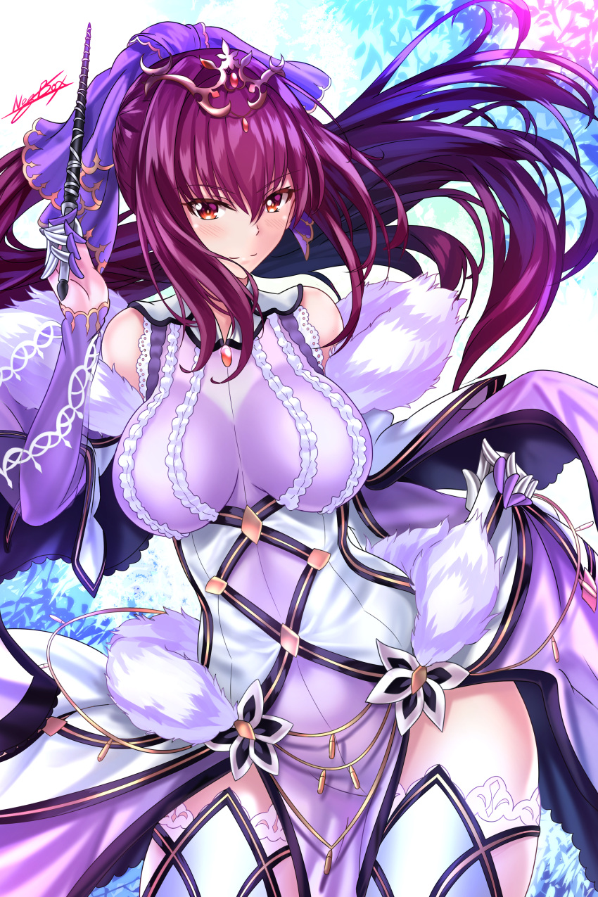 1girl absurdres artist_name bangs breasts closed_mouth detached_sleeves dress fate/grand_order fate_(series) fur_trim hair_between_eyes hair_ribbon highres hips large_breasts long_hair looking_at_viewer nez-kun ponytail purple_dress purple_hair purple_ribbon red_eyes ribbon scathach_skadi_(fate/grand_order) signature skirt skirt_lift smile solo tiara wand