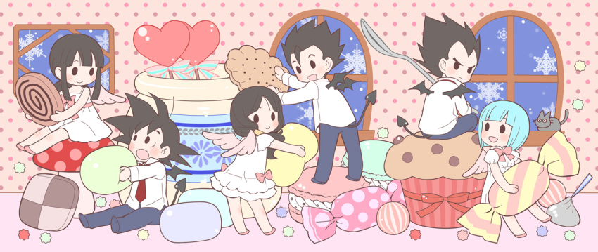 3boys 3girls :d alternate_costume angel_wings bangs black_eyes black_hair blue_hair blush bulma candy chi-chi_(dragon_ball) chibi chocolate cookie couple demon_tail demon_wings dragon_ball dragonball_z dress father_and_son food frown heart_lollipop hershey's_kisses hetero indoors jar kanekiyo_miwa lollipop looking_at_another looking_back looking_up macaron mother_and_son muffin multiple_boys multiple_girls mushroom necktie night no_pupils open_mouth pink_wings puffy_sleeves ribbon serious shirt short_hair sitting sleeveless sleeveless_dress smile snow snowflakes son_gohan son_gokuu spiky_hair spoon standing tail twintails vegeta videl white_dress white_shirt window wings winter