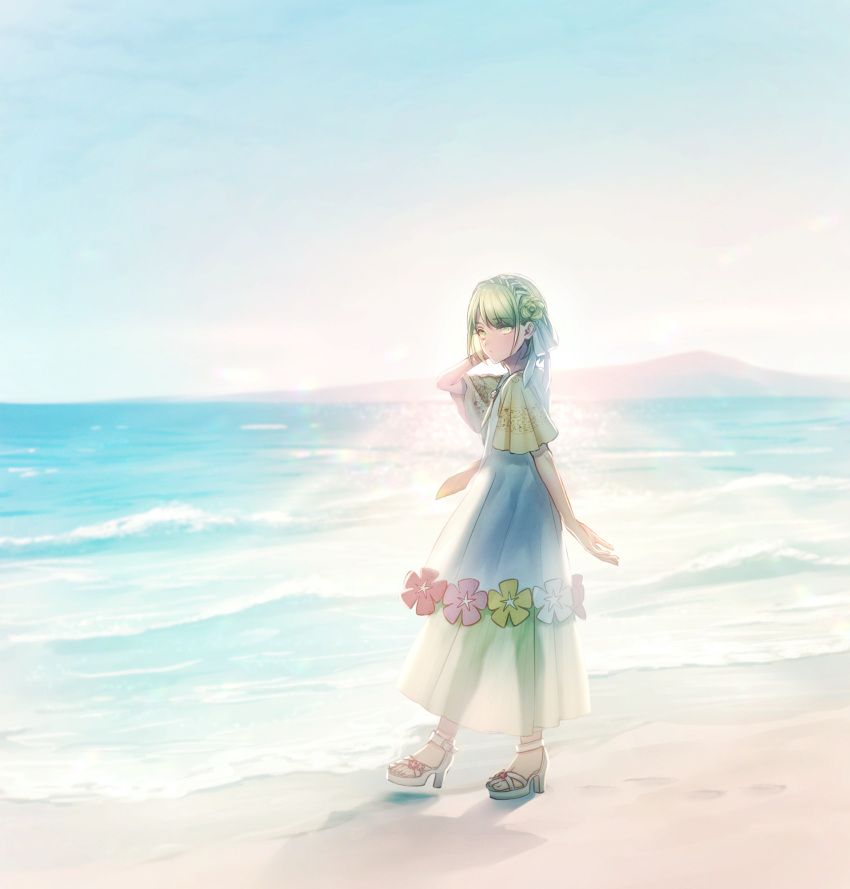 androgynous beach blue_sky braid comfey day dress flower footprints full_body green_eyes green_hair hand_up high_heels highres how_to jewelry looking_at_viewer moe_(hamhamham) necklace ocean outdoors personification pokemon sandals see-through shadow short_hair sky solo waves