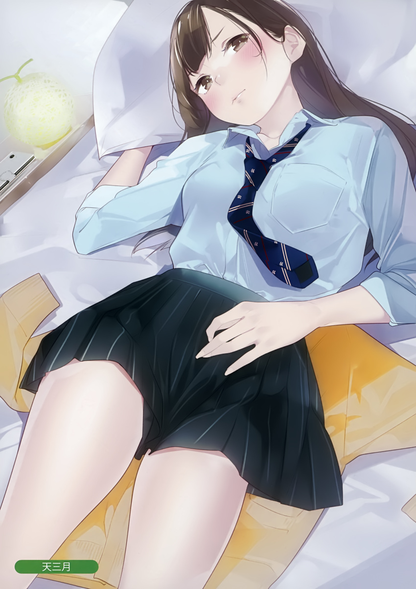 1girl absurdres ama_mitsuki bangs bed_sheet black_skirt blush brown_eyes brown_hair cardigan cardigan_removed closed_mouth collared_shirt eyebrows_visible_through_hair frown highres indoors long_hair long_sleeves looking_at_viewer lying melonbooks necktie on_back on_bed original pillow pleated_skirt school_uniform shirt skirt sleeves_rolled_up solo striped_neckwear thighs white_shirt wing_collar