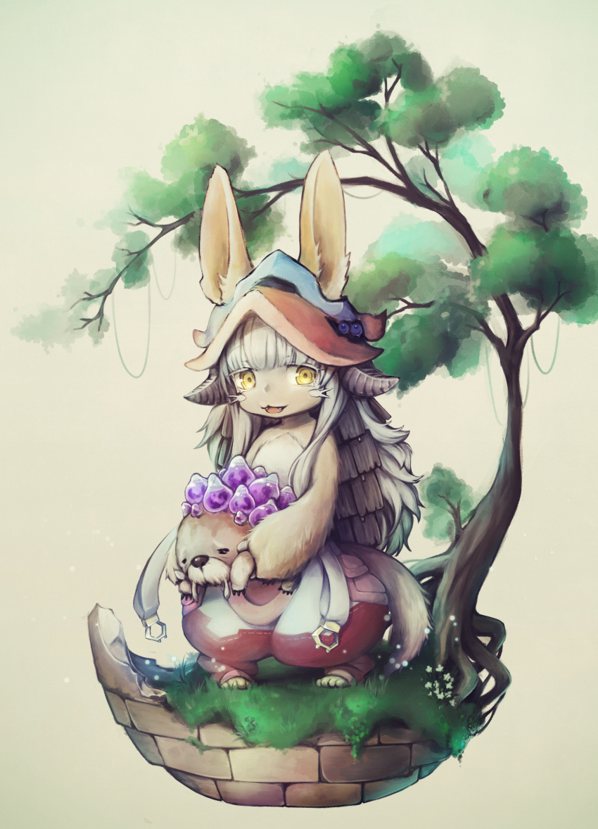 1girl :3 :d absurdres animal animal_ears anko_anko beige_background colored_eyelashes ears_through_headwear fangs furry grass helmet highres holding holding_animal horned_helmet made_in_abyss nanachi_(made_in_abyss) open_mouth puffy_pants short_hair_with_long_locks smile standing tail topless tree whiskers white_hair yellow_eyes