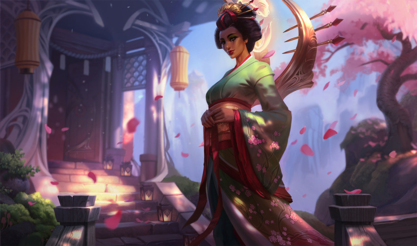 1girl alternate_costume breasts cherry_blossoms collaboration comb commentary dappled_sunlight english_commentary eyeshadow full_body hair_ornament hair_stick highres japanese_clothes japanese_house jem_flores jessica_oyhenart karma_(league_of_legends) kimono league_of_legends light_smile lipstick looking_at_viewer makeup medium_breasts nose obi official_art petals sakura_karma sash solo sunlight updo