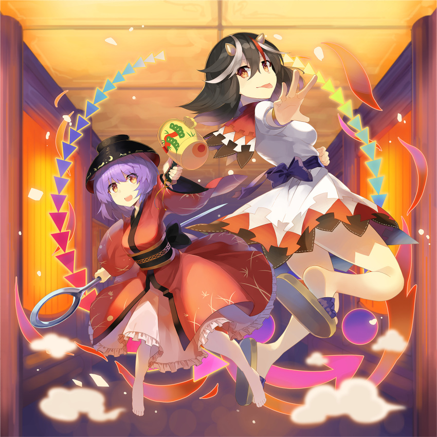 2girls :d :p barefoot black_hair black_hat blue_sash bowl bowl_hat bracelet breasts brown_footwear commentary_request directional_arrow dress eyebrows_visible_through_hair hair_between_eyes hat highres holding holding_mallet holding_needle horns indoors japanese_clothes jewelry kijin_seija kimono long_sleeves looking_at_viewer medium_breasts medium_hair miracle_mallet multicolored_hair multiple_girls needle obi open_mouth outstretched_arm petticoat puffy_short_sleeves puffy_sleeves purple_hair reaching_out red_eyes red_kimono redhead rin_falcon sailor_collar sandals sash short_hair short_sleeves smile smoke streaked_hair sukuna_shinmyoumaru taut_clothes taut_dress thighs tongue tongue_out touhou white_dress white_hair wide_sleeves