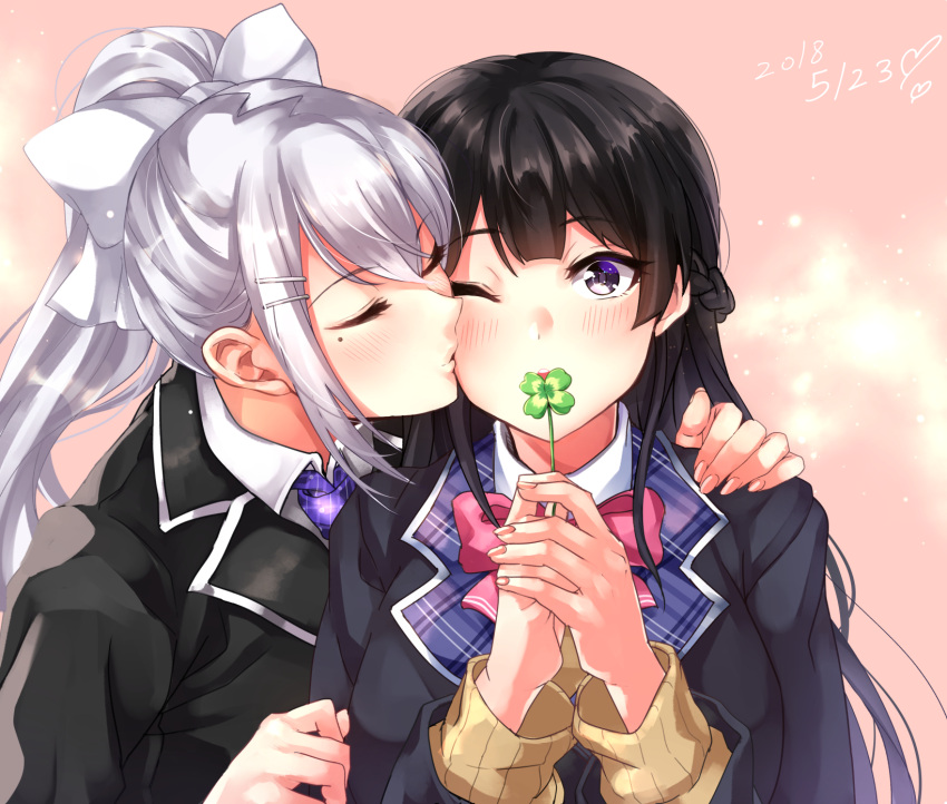 2girls black_hair black_jacket blazer bow braid cheek_kiss closed_eyes clover commentary_request dated four-leaf_clover hair_bow hair_ornament hairclip hand_on_another's_shoulder highres higuchi_kaede jacket kiss kiss_day mole mole_under_eye multiple_girls necktie nijisanji one_eye_closed own_hands_together pink_background pink_bow pink_neckwear plaid ponytail purple_neckwear school_uniform silver_hair sweater tdnd-96 tsukino_mito violet_eyes virtual_youtuber white_bow yuri