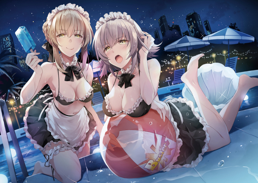 2girls alternate_costume artoria_pendragon_(all) artoria_pendragon_(swimsuit_rider_alter) artoria_pendragon_(swimsuit_rider_alter)_(cosplay) ball bangs barefoot beachball bikini black_bikini blonde_hair blush bow bowtie breasts building cityscape collarbone cosplay dutch_angle eyebrows_visible_through_hair fate/grand_order fate_(series) food full_body full_moon hair_between_eyes hair_bow head_tilt hirai_yuzuki ice_cream jeanne_d'arc_(alter)_(fate) jeanne_d'arc_(fate)_(all) kneeling large_breasts licking_lips looking_at_viewer lying maid_bikini moon multiple_girls night night_sky on_stomach open_mouth outdoors pool pool_ladder popsicle reflecting_pool saber_alter scenery short_hair sidelocks silver_hair simple_background sky small_breasts swimsuit thigh_strap thighs tongue tongue_out water wet wet_clothes wet_hair yellow_eyes