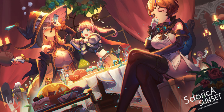 3girls armor blue_eyes bottle breastplate breasts brown_eyes brown_hair closed_eyes cup detached_sleeves drinking drinking_glass dutch_angle elbow_gloves fingerless_gloves food gloves hat highres ibara_dance large_breasts long_hair midriff multiple_girls one_eye_closed open_mouth pauldrons pink_hair sdorica_-sunset- short_hair sitting standing thigh-highs witch_hat