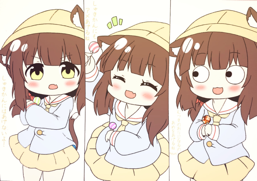 1girl :3 :d ^_^ animal_ears arm_up azur_lane bangs blue_shirt blush bow brown_hair candy cat_ears cat_girl cat_tail closed_eyes commentary_request ears_through_headwear eyebrows_visible_through_hair fang food green_eyes hair_between_eyes hair_bow hat holding holding_food holding_lollipop kindergarten_uniform kurukurumagical lollipop long_hair long_sleeves looking_at_viewer multiple_views mutsuki_(azur_lane) mutsuki_face neckerchief notice_lines open_mouth pleated_skirt red_bow ribbon sailor_collar school_hat shirt skirt smile tail tail_ribbon translated v-shaped_eyebrows white_sailor_collar yellow_hat yellow_neckwear yellow_skirt