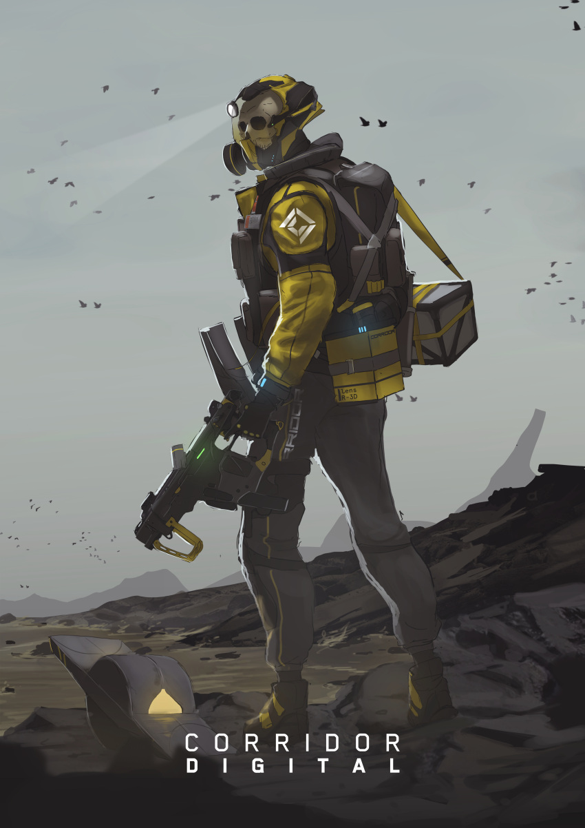 1other absurdres bag bird black_gloves boots commentary english_commentary faiz_azhar gas_mask gloves grey_sky gun headlight helmet highres holding holding_gun holding_weapon jacket looking_at_viewer looking_back original outdoors pants skull solo standing weapon