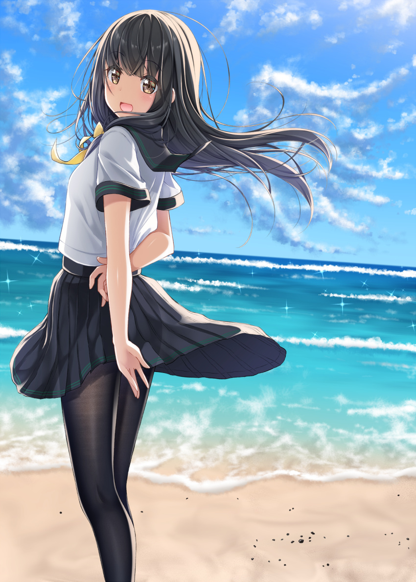 1girl :d arm_behind_back bangs beach black_hair black_legwear black_sailor_collar black_skirt blue_sky blush bottle brown_eyes clouds cloudy_sky commentary_request day dutch_angle eyebrows_visible_through_hair gurande_(g-size) highres horizon long_hair looking_at_viewer looking_to_the_side ocean open_mouth original outdoors pantyhose pleated_skirt sailor_collar sand school_uniform serafuku shirt short_sleeves skirt sky smile solo standing very_long_hair water_bottle white_shirt