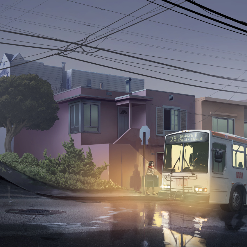 1girl black_hair bus bus_stop bush clouds cloudy_sky commentary_request ground_vehicle highres house long_sleeves motor_vehicle original portcat_(deronenene) power_lines red_scarf road scarf scenery shoes sky standing tree