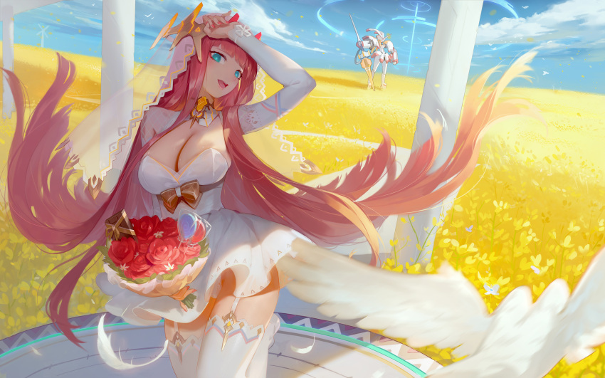 1girl :d absurdres arm_up arm_warmers bird blue_eyes blue_sky bouquet breasts cleavage cubies_(tiger_205) darling_in_the_franxx day dress field flower garter_straps highres holding holding_bouquet large_breasts long_hair looking_at_viewer mecha nail_polish oni_horns open_mouth outdoors pink_nails sky smile solo standing strelizia thigh-highs very_long_hair wedding_dress white_dress white_legwear windmill zero_two_(darling_in_the_franxx)