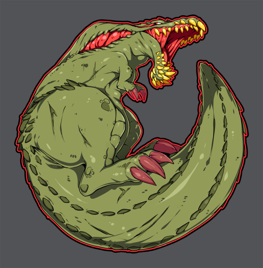 deviljho from_side full_body grey_background highres monster monster_hunter no_humans open_mouth outline red_outline simple_background slugbox white_eyes