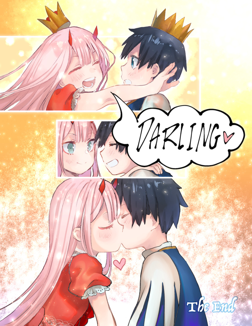 1boy 1girl bangs black_hair blue_eyes blush bomhat child closed_eyes comic commentary couple crown darling_in_the_franxx dress english english_commentary face-to-face facing_another green_eyes hand_on_another's_shoulder heart hetero highres hiro_(darling_in_the_franxx) horns kiss long_hair looking_at_another oni_horns pink_hair prince princess puffy_sleeves red_dress red_horns short_hair speech_bubble zero_two_(darling_in_the_franxx)