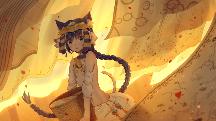 1girl absurdly_long_hair animal_ears bangs bare_shoulders basket bell braid brown_hair cat_ears cat_girl cat_tail detached_sleeves egyptian_clothes green_eyes hair_between_eyes headpiece highres holding holding_basket ji_dao_ji jingle_bell long_hair looking_at_viewer low_ponytail original parted_lips petals ponytail puffy_short_sleeves puffy_sleeves short_sleeves single_braid skirt solo tail tail_raised upper_teeth very_long_hair white_skirt