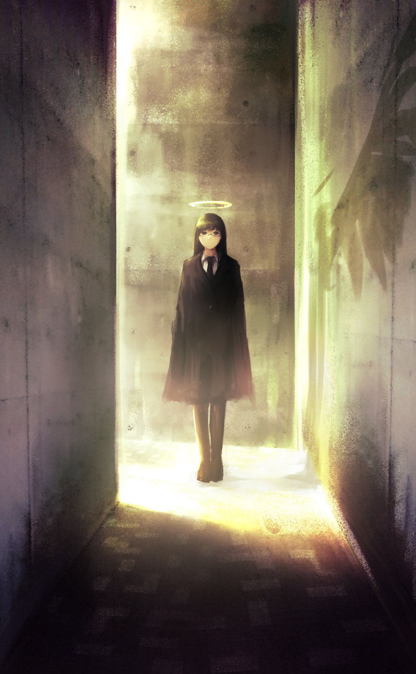 1girl absurdres alley angel black_coat black_eyes black_footwear black_hair black_legwear black_neckwear collared_shirt different_shadow halo highres hometa long_hair looking_at_viewer necktie original pantyhose shirt shoes solo standing white_shirt wing_collar