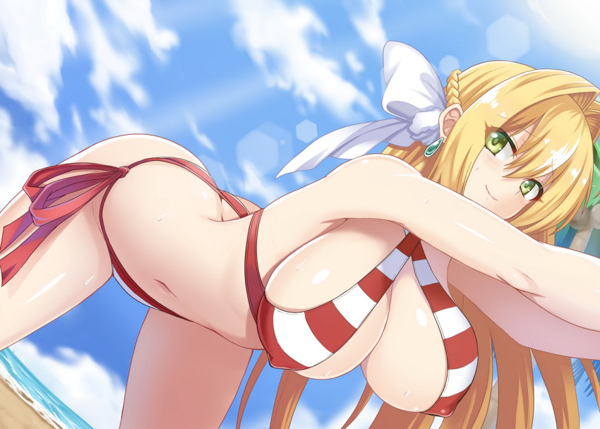 1girl ass bangs bare_shoulders beach bikini blonde_hair blue_sky blush braid breasts cleavage closed_mouth collarbone criss-cross_halter earrings fate/extra fate/grand_order fate_(series) french_braid green_eyes hair_between_eyes hair_intakes hair_ribbon halterneck hellandheaven hips jewelry large_breasts leaning_forward long_hair navel nero_claudius_(fate)_(all) nero_claudius_(swimsuit_caster)_(fate) red_bikini ribbon side-tie_bikini sky smile solo striped striped_bikini swimsuit thighs waist white_ribbon