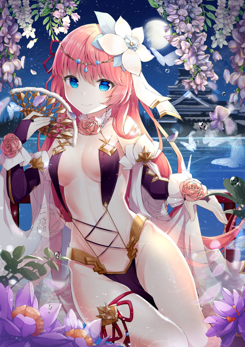 1girl absurdres bangs bare_shoulders blue_eyes blush breasts bridal_gauntlets bug butterfly character_request cleavage closed_mouth fan flower full_moon hair_flower hair_ornament highres holding holding_fan houchi_shoujo huge_filesize insect loincloth long_hair looking_at_viewer medium_breasts moon night night_sky onsem outdoors petals pink_hair revealing_clothes rose sky smile solo thigh_strap very_long_hair water