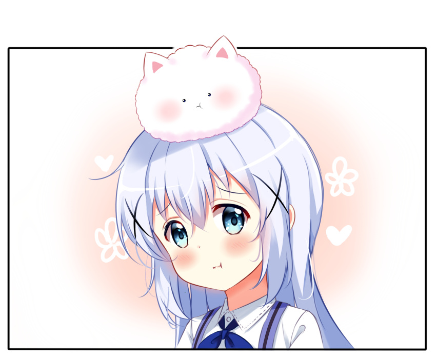 1girl :t animal animal_on_head blue_bow blue_eyes blush bow bowtie bunny_on_head deyui gochuumon_wa_usagi_desu_ka? hair_ornament highres kafuu_chino long_hair looking_at_viewer on_head portrait rabbit rabbit_house_uniform shiny shiny_hair shirt silver_hair solo tippy_(gochiusa) white_shirt x_hair_ornament