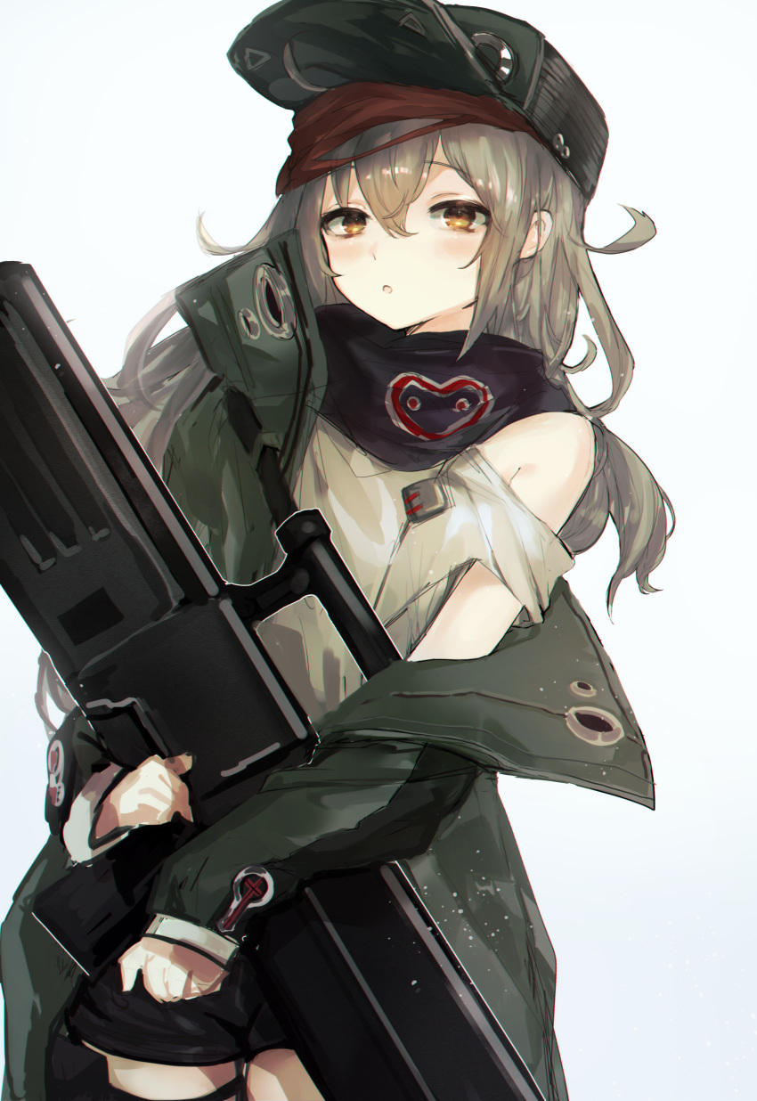 1girl absurdres assault_rifle bags_under_eyes bangs blush brown_eyes bullpup coat cowboy_shot eyebrows_visible_through_hair g11 g11_(girls_frontline) girls_frontline gradient gradient_background green_coat gun hair_between_eyes hat heckler_&amp;_koch highres holding holding_weapon light_particles long_hair looking_at_viewer messy_hair multiple_girls open_clothes open_coat open_mouth rifle sasag_yd scarf scarf_on_head scope shirt short_shorts shorts shoulder_cutout sidelocks silver_hair simple_background solo thigh-highs thighs very_long_hair weapon