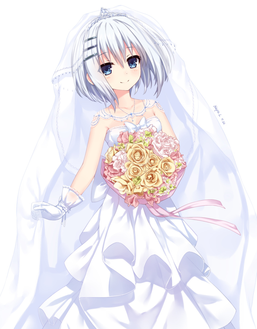1girl absurdres artist_name bare_shoulders blue_eyes blush bouquet breasts collarbone commentary_request date_a_live diadem dress flower gloves hair_between_eyes highres holding holding_bouquet looking_at_viewer neps-l short_hair silver_hair simple_background small_breasts smile solo tobiichi_origami veil wedding_dress white_background white_dress white_gloves