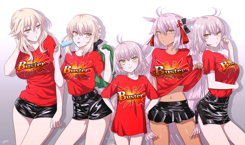 5girls ahoge artoria_pendragon_(all) artoria_pendragon_(lancer_alter) black_shorts black_skirt blonde_hair braid breasts buster_shirt closed_mouth commentary_request dark_skin eyebrows_visible_through_hair fate/grand_order fate_(series) food french_braid hair_ornament hair_ribbon holding holding_food jeanne_d'arc_(alter)_(fate) jeanne_d'arc_(fate)_(all) jeanne_d'arc_alter_santa_lily large_breasts long_hair looking_at_another looking_at_viewer medium_breasts miniskirt multiple_girls okita_souji_(alter)_(fate) okita_souji_(fate)_(all) popsicle popsicle_stick red_shirt ribbon saber_alter shirt shirt_removed short_hair short_shorts shorts simple_background skirt smile sushimaro tongue tongue_out white_background white_hair yellow_eyes