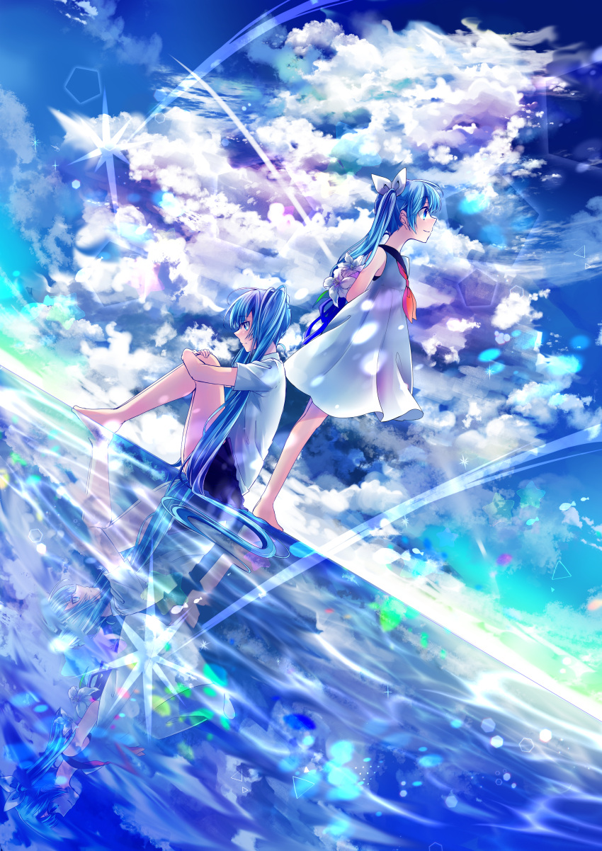 2girls absurdres arms_behind_back barefoot black_skirt blue_eyes blue_hair blue_sky bow clouds day dress dutch_angle from_side full_body hair_between_eyes hair_bow hatsune_miku highres huge_filesize leg_hug long_hair looking_down looking_up miniskirt multiple_girls neckerchief pleated_skirt red_neckwear reflecting_pool shirayuki_towa shirt short_dress short_sleeves sitting skirt sky sleeveless sleeveless_dress standing twintails very_long_hair vocaloid white_bow white_dress white_shirt